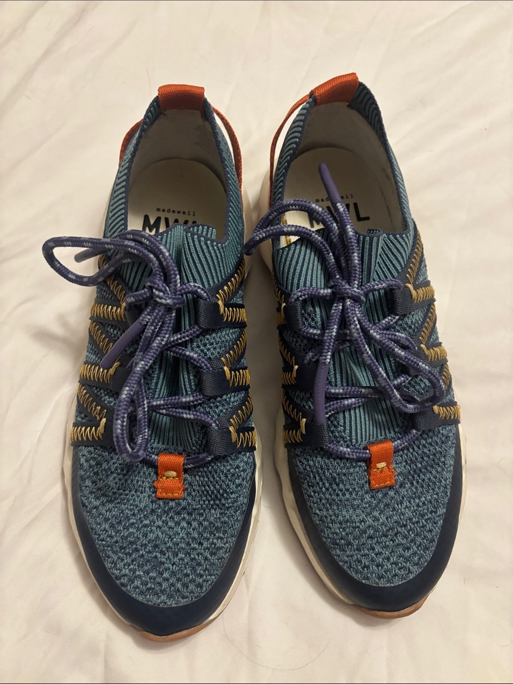 Madewell Knit Lace-Up Sneakers - Blue with Orange Accents
